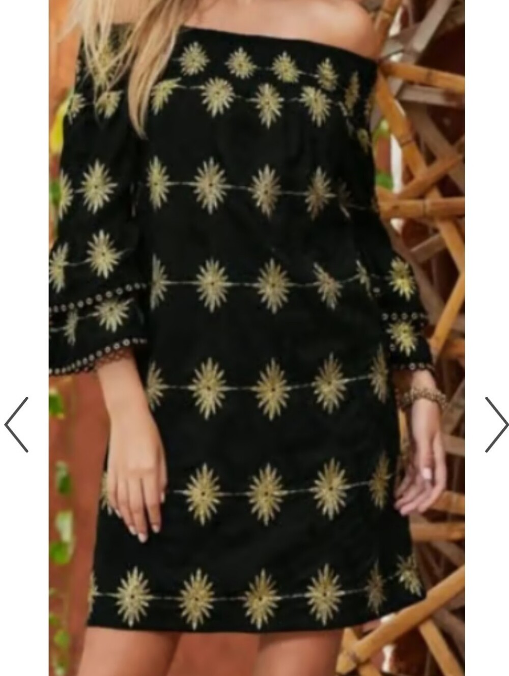 Boston Proper Black Off-Shoulder Dress with Gold Starburst Embroidery